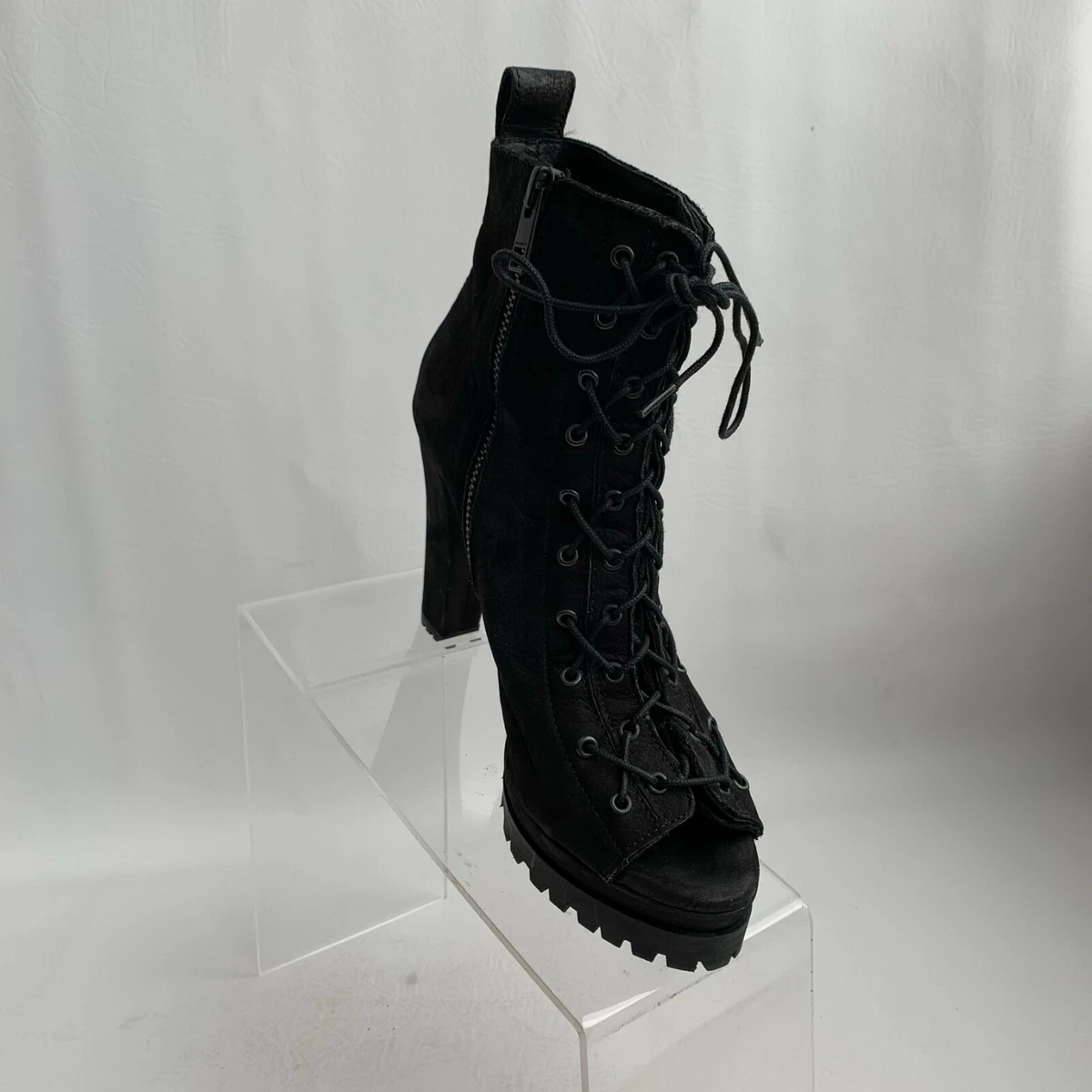 All Saints Aars Ankle Boots Black Leather Peep Toe Zip Lace Heels