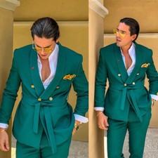 Green Men Suits With Belt Double Breasted Formal Tuxedos Wedding Groom Blazer