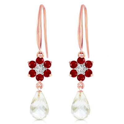 14K. HOOK EARRINGS W/DIAMONDS, RUBIES & WHITE TOPAZ