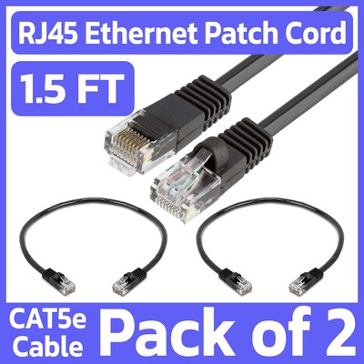 2 Pack Black Cat5e RJ45 Ethernet Patch Cord 1.5ft Internet LAN Network Cable