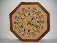 Vtg Wool FLORAL Crewel Clock~14 OCTAGON WOOD ...