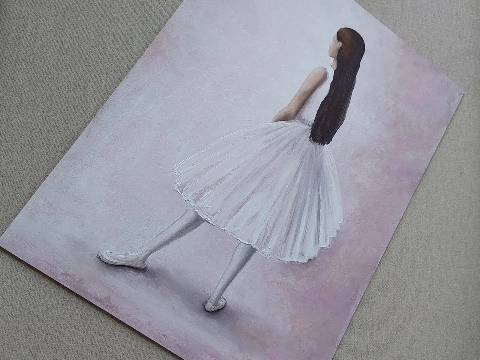 Pintura de balé. Pintura a óleo original de jovem bailarina. Arte de menina aprende a dançar - Imagem 2 de 4