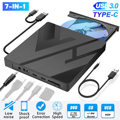 USB 3.0 External CD DVD Drive 7-in-1 Burner Reader Writer for Windows 7/8/10 PC