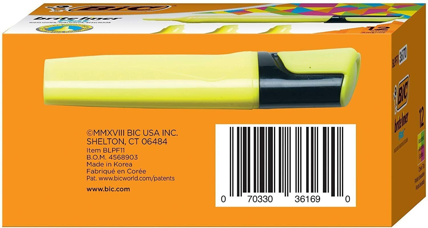 BIC Brite Liner Flat Highlighter, Chisel Tip, Yellow, 12-Count