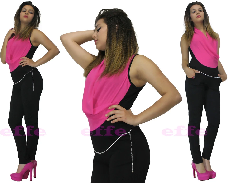 Overall donna tuta intera elegante scollo V chiffon bicolore nuova 2164 - Immagine 3 di 4