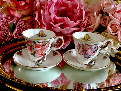 Royale Stratford Teetassen Untertassen Teelöffel Glamis Rose Sweet Peas schönes Set