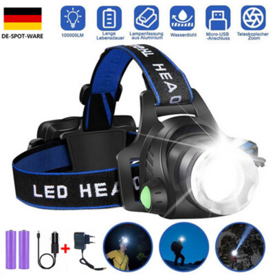 LED Stirnlampe 100000LM Super Hell Wiederaufladbar Kopflampe  3 Modi+2 Akkus