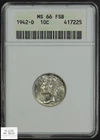 1942 D Full Split Bands Mercury Silver Dime Old Soap Box Holder ANACS MS 66 FB