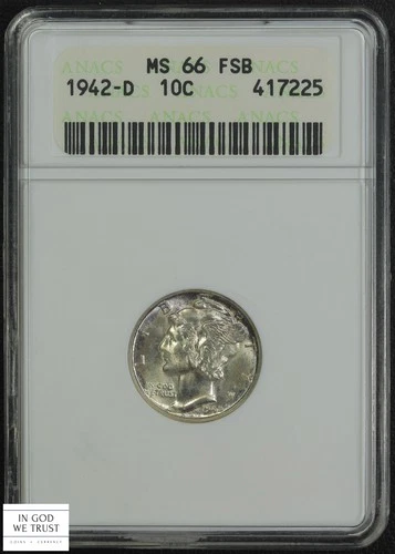 1942 D Full Split Bands Mercury Silver Dime Old Soap Box Holder ANACS MS 66 FB