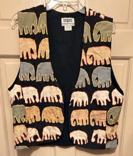 Vintage SOHO Compagnie Embroidered w /Appliquéd Elephants Open Front Vest L EXC