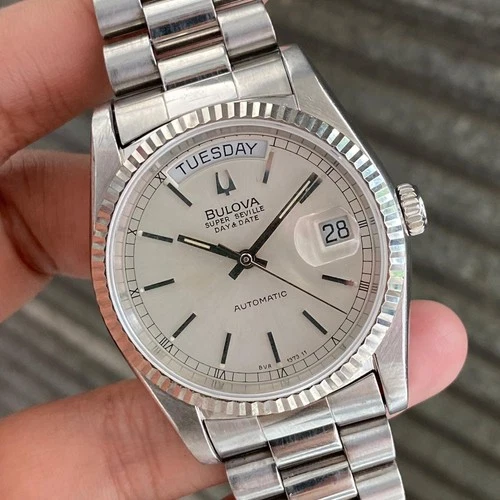 RARE Bulova President Super Seville Day Date Automatic Silver Dial Vintage's