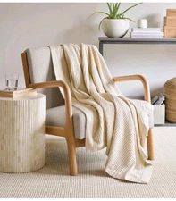 Jennifer Adams All Season Classic  Waffle Weave Cotton Throw 60” x 70” BEIGE NEW