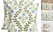 Set of 2 Embroidered Decorative Throw Pillow Covers Couch Square Blue Floral