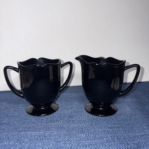 Vintage Black Amethyst Depression Glass Sugar & Creamer Set Scalloped Edge