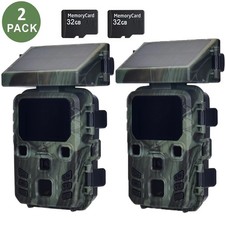 2PCS Solar Trail Camera 50MP 4K Rechargeable Hunting Game Cam Night Vision 32GB