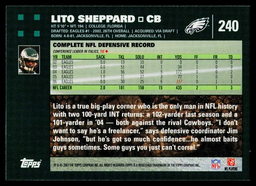 2007 Topps Lito Sheppard #240 Philadelphia Eagles - Foto 2 di 2