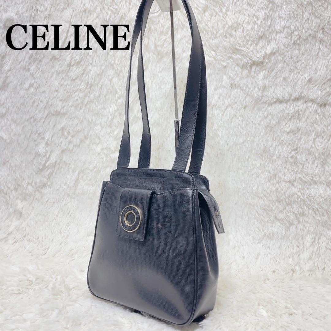 Celine Black Lizard Embossed Shoulder Bag with Circle Hardware 9x7x3 Used Excellent Condition