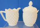 Vintage Fenton Hobnail White Milk Glass Creamer and Sugar with Lid 3 Piece Set