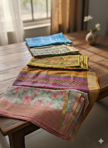 Sanskriti Vintage Sari Recycled Moss Crepe Saree Lot Multicolor Fabric Lot of 5