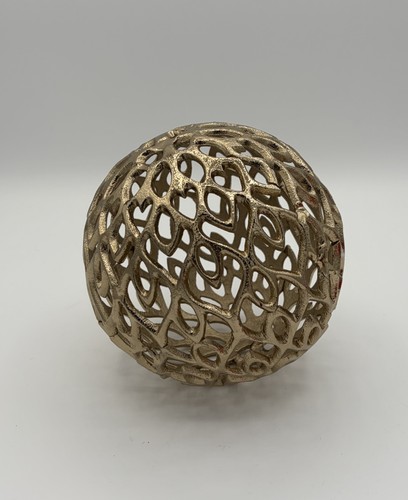 Gold Tone Peacock Feather Industrial Sphere Cast Aluminum Orb Sculpture 6"