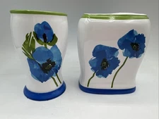 Vera Neumann Vintage Blue Poppy Toothbrush Holder & Rinse Cup Porcelain Ceramic