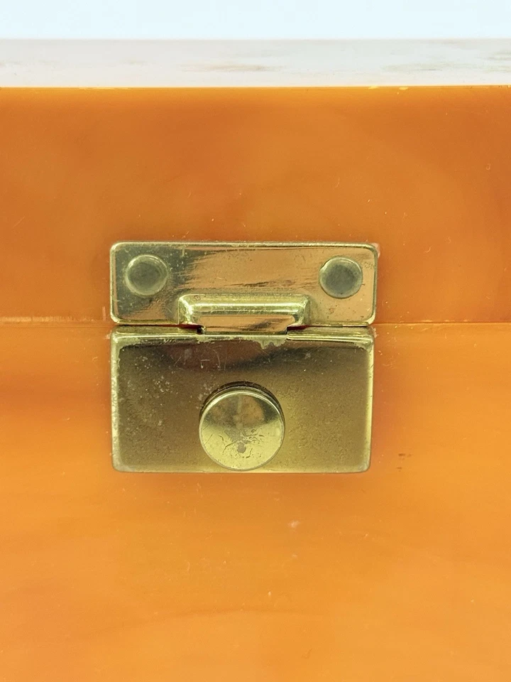 Vintage Orange Bakelite Lucite Plastic Box Purse With Handle And Mirrors Inside - Image 2 of 4
