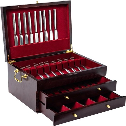Wooden Silverware Chest without Silverware Three-layer, Silverware Box Storage - Picture 1 of 7