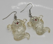 Lucite Glitter Ghost Pierced Earrings Drop Dangle Design 2"