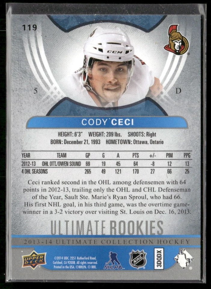 2013-14 Upper Deck Ultimate Collection Cody Ceci RC /499 #119 Ottawa Senators - Image 2 of 2