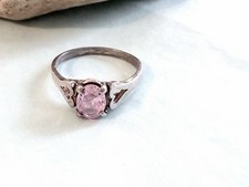 925 Sterling Silver Pink Rhinestone Oval And Heart Accents Cocktail Ring SZ 8.25