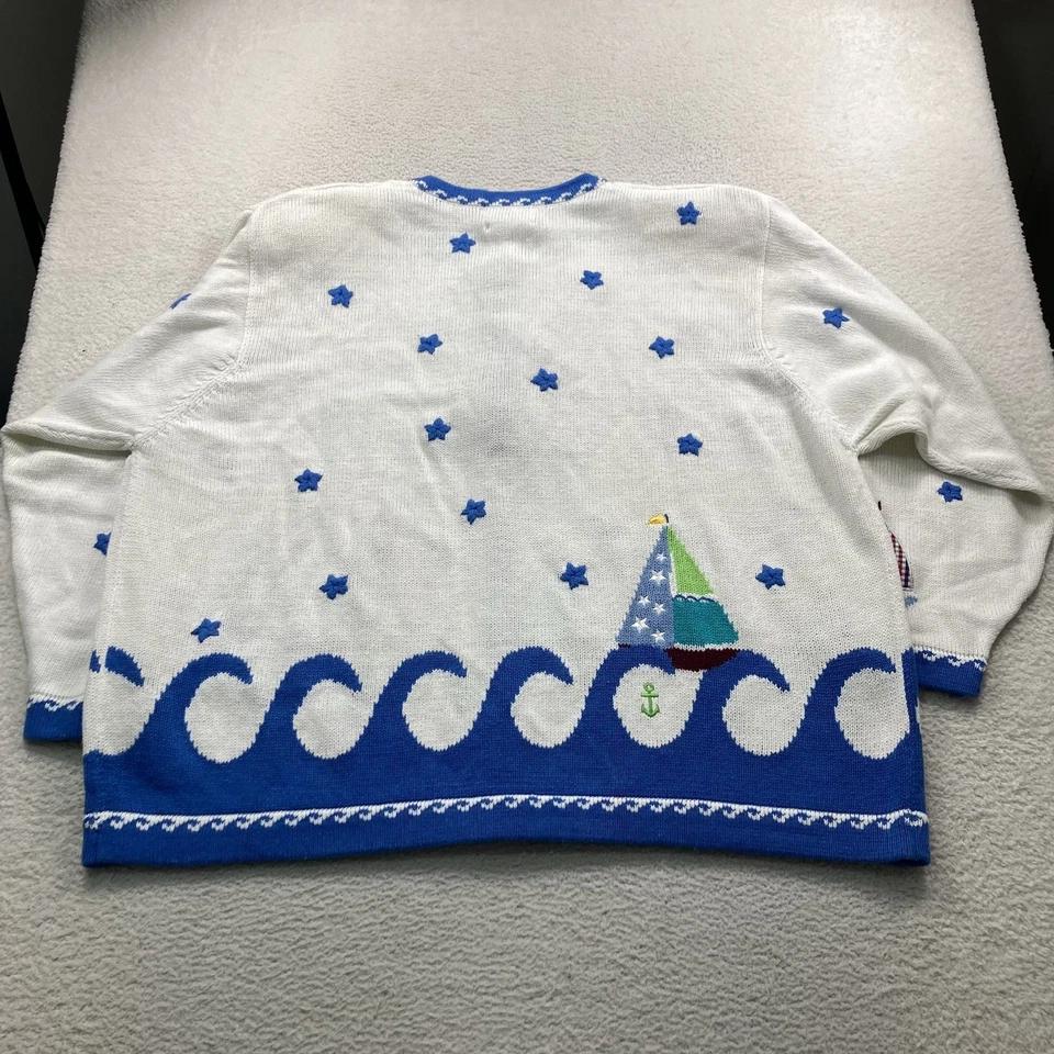 Vintage Quacker Factory Knit Cardigan Sweater Womens 3XL White Sailboats Ramie - Image 3 of 4