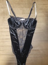 Medium Black Velvet Mesh Lace Bodysuit w/ Bling Straps By Victoria's Secret