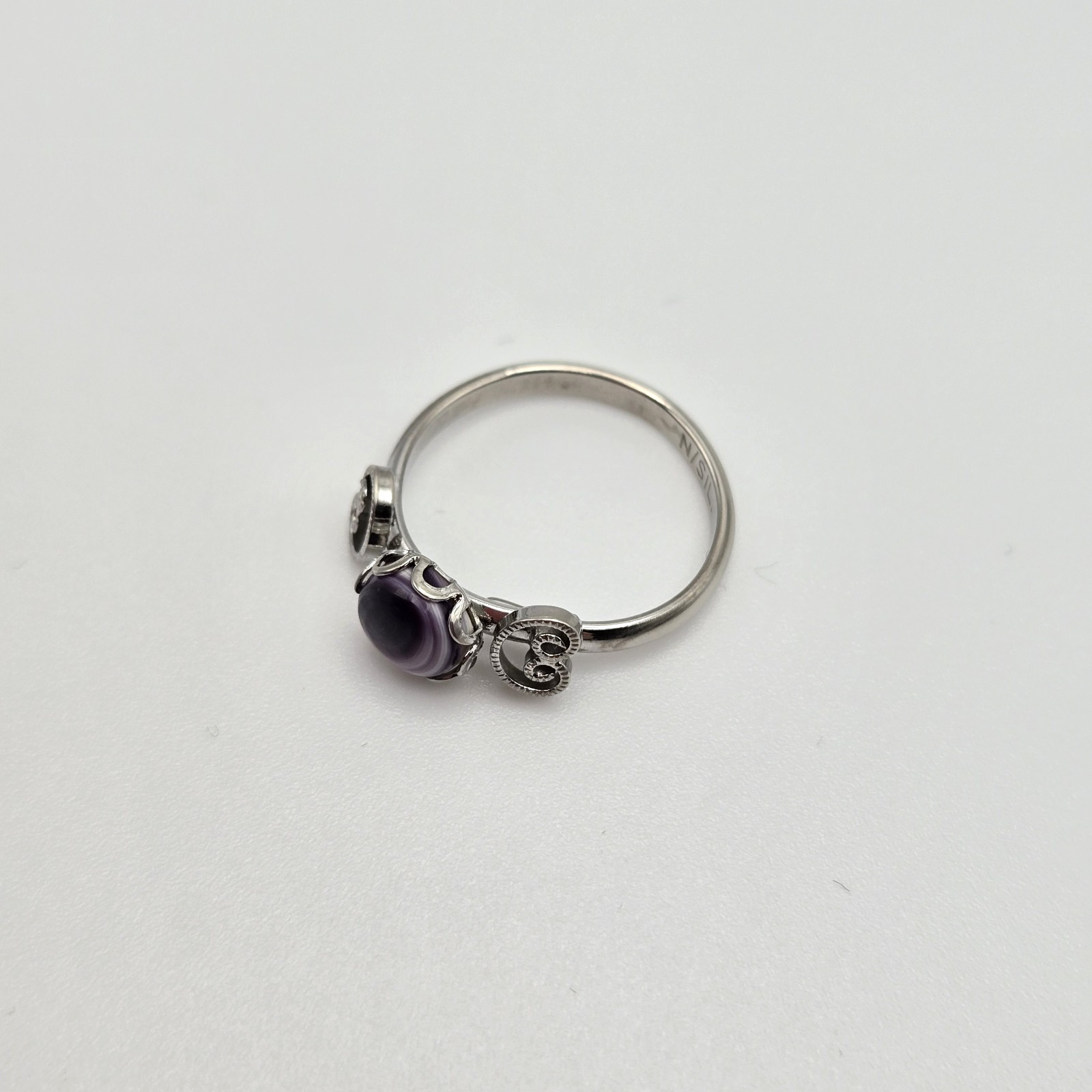 Amethyst Ring Silvertone Scrollwork Purple Stone … - image 9