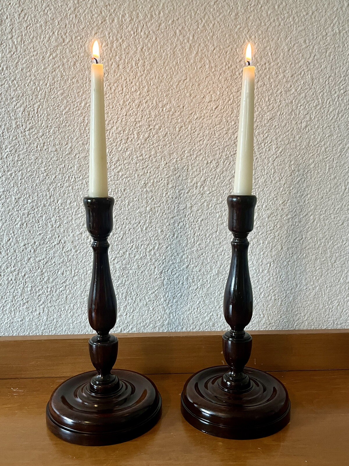 Pair of antique vintage english mahogany art nouveau turned wood candlesticks, vintage candle holder