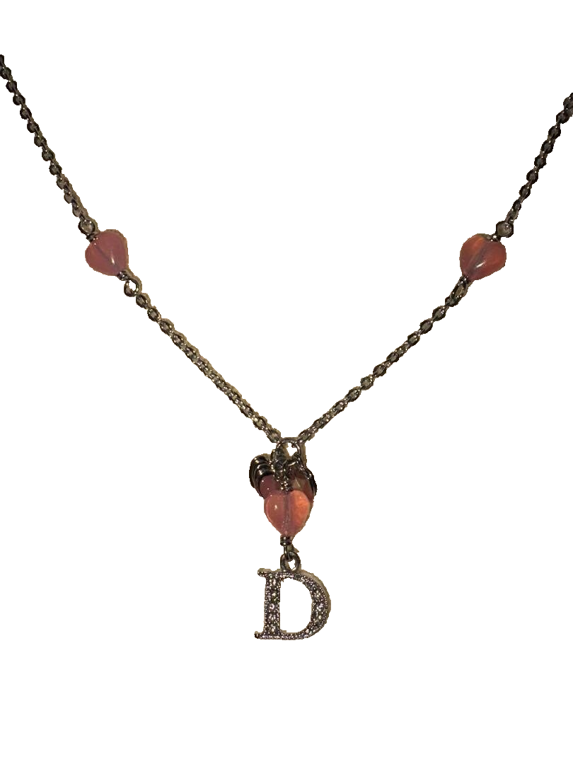 Christian Dior Logo Rhinestone Heart Necklace Silver X Pink