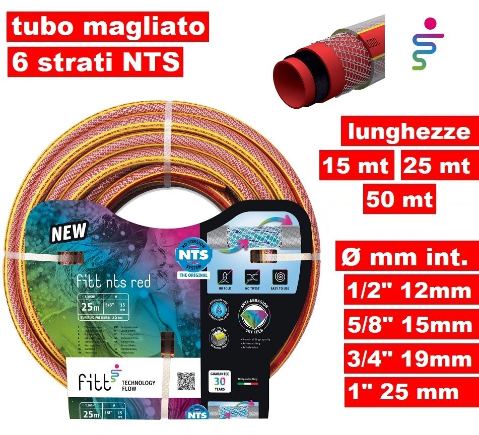 FITT NTS RED Tubo da Irrigazione Giardino Rinforzato Magliato 6 Strati Antialga Nodo NTS Red