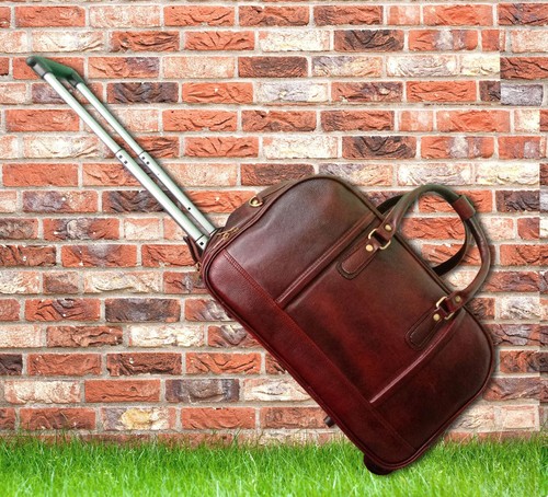 Leather Trolley Wheel Duffle Bag rolling Traveling Carry On luggage Cabin Bag