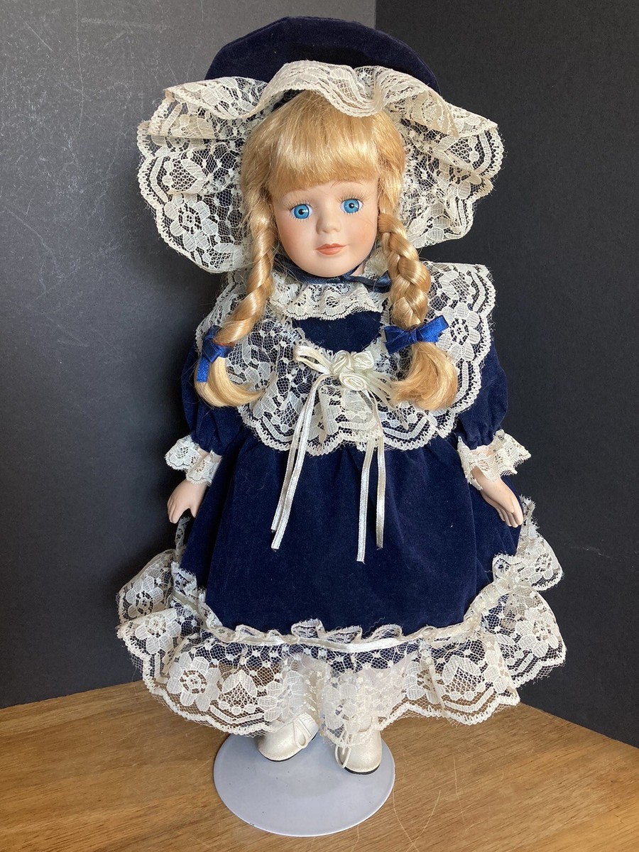 antique doll　セレスティアルブルー Porcelain Doll, 16” Blue Velvet & Lace Dress With Stand Excellent