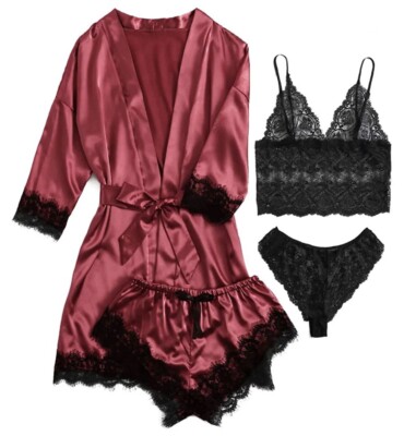 Nachthemd  Damen Satin Nachtwäsche Morgenmantel Spitze Slip Dessous G-String Set