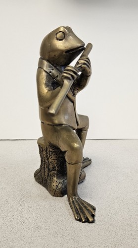 Vintage Large Heavy Brass FROG PLAYING FLUTE Band Figurine Statue MADE IN INDIA - Picture 4 of 6