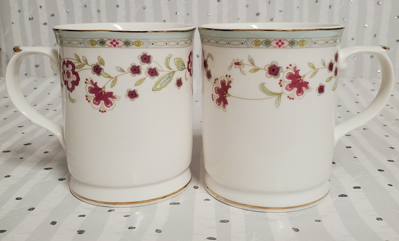 Grace Teaware Set of 2 Fine Porcelain Mugs White, Floral & Gold Rims 12 oz each