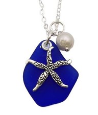 Hawaiian Jewelry Sea Glass Necklace, Cobalt Blue Necklace Pearl Starfish