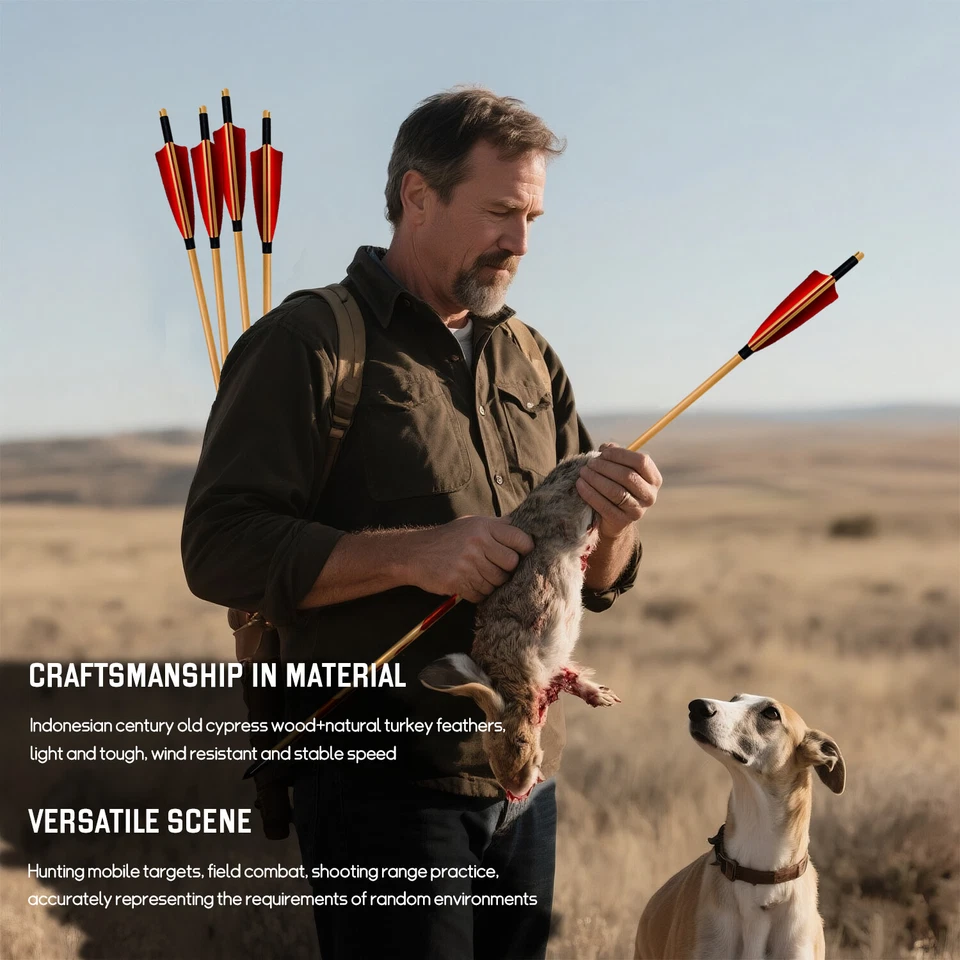 12Pcs Handmade Wooden Arrow 33" Spine 500 Mongolia 5" Turkey Feather Longbow - Image 2 of 4