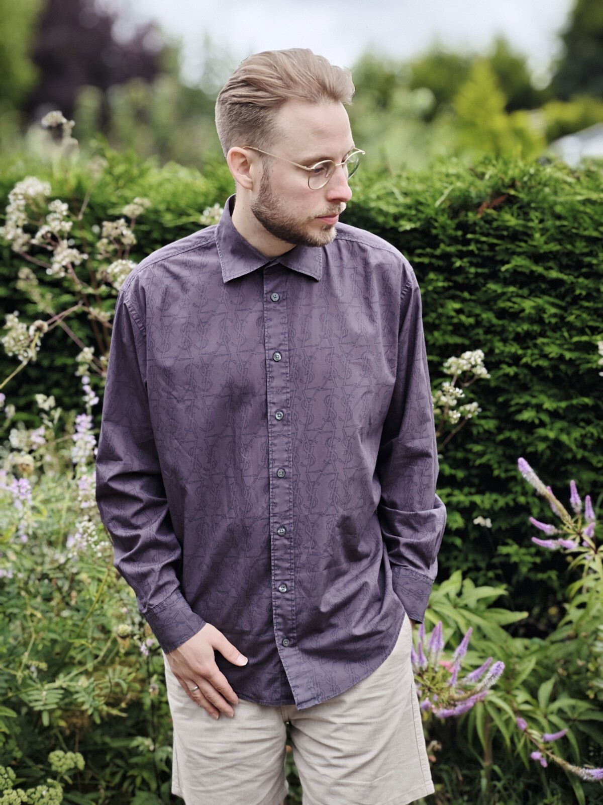 Camicia uomo grigia Yves Saint Laurent YSL L con stampa monogramma Y2K