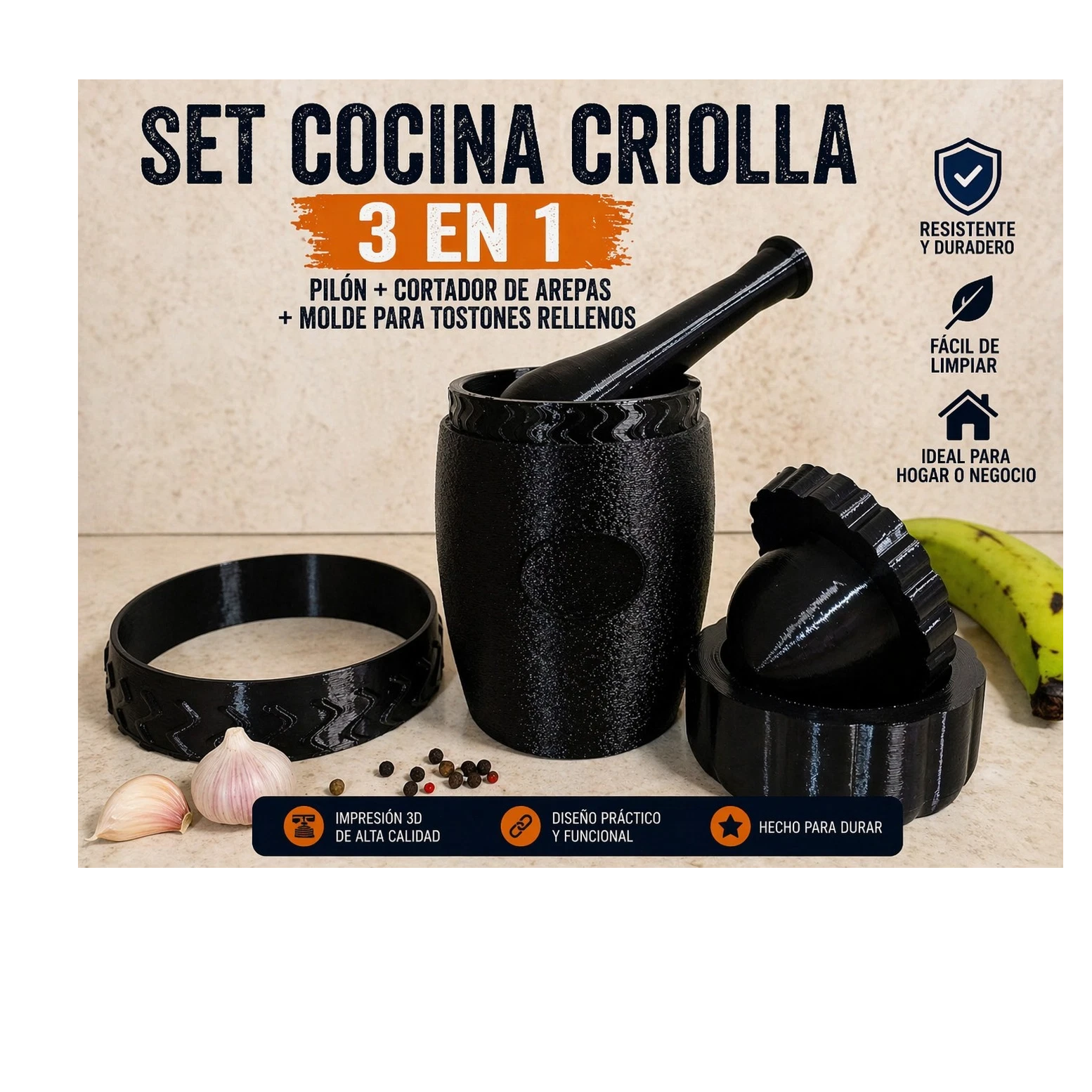 3 in 1 Mortar & Pestle, Arepa Cutter, Tostones Mold, Black Plastic, 3D Printed