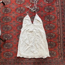 Lucky Brand Boho White Embroidered Floral Stitch Halter Dress Sz M