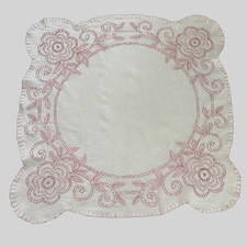 Hand Embroidered Linen Pink Intricate Floral Designed Small Table Topper/Panel
