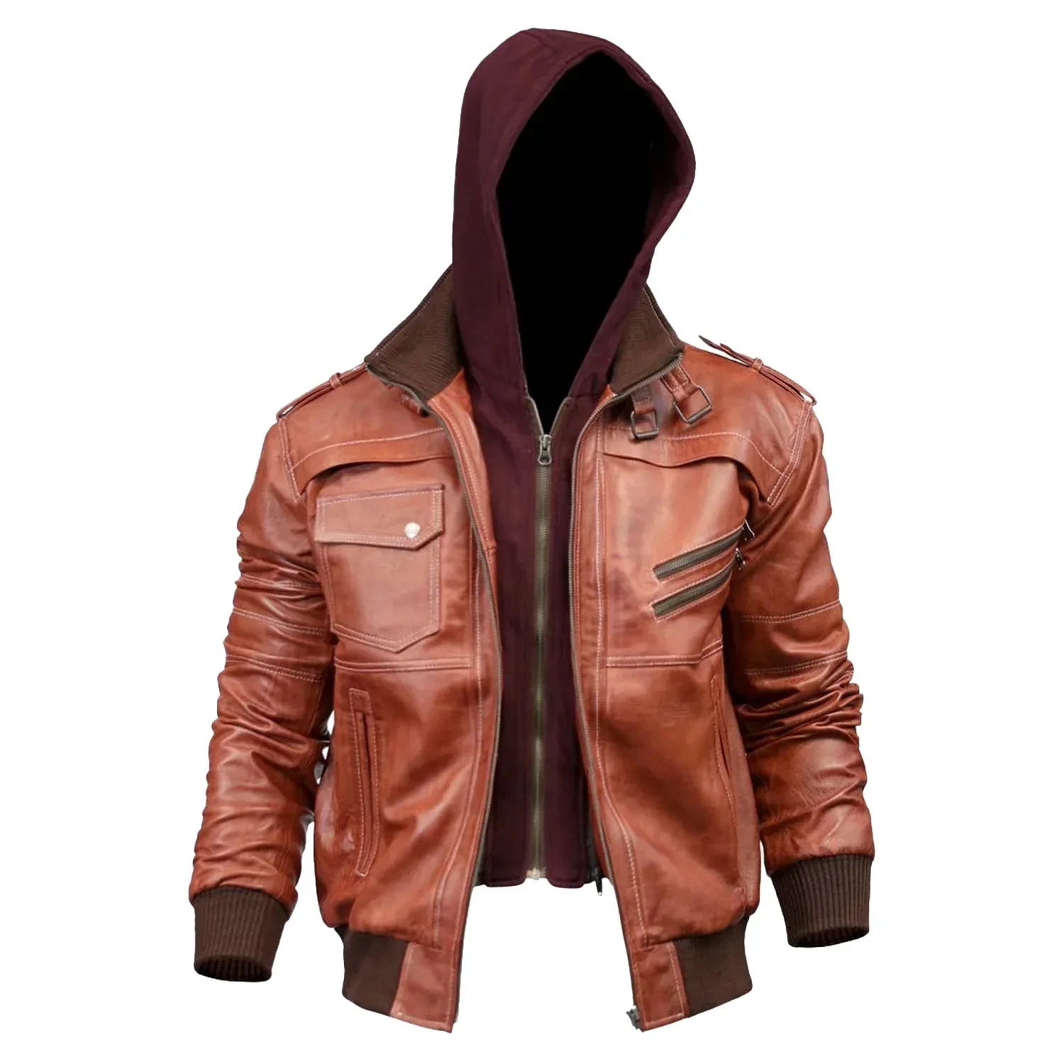 Men's Tan Hooded Real Leather Jacket Streetwear Moto Biker Style Hooded Coat