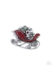 Paparazzi Sledding Shimmer - Red - Rhinestones - Paint - Silver Sleigh Brooch