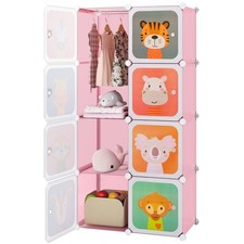 8-Section Kids Closet with Cartoon Animals Pink PP Material Toy Cube Storage